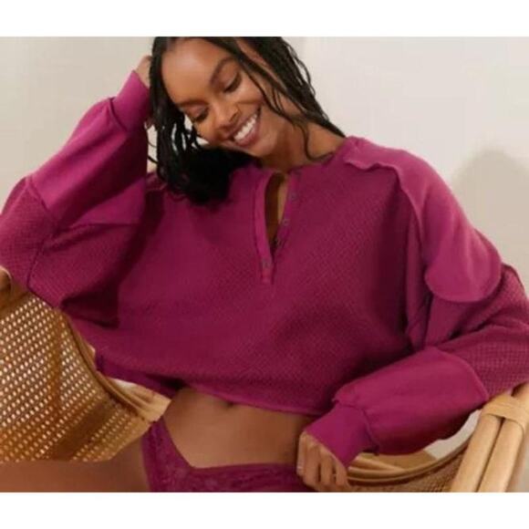 Out From Under Mel Cozy Pieced Henley Top Purple Relaxed Small - Picture 1 of 8